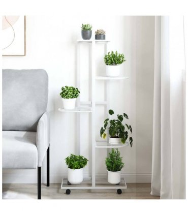 vidaXL 5-Floor Flower Stand with Wheels 44x23x100 cm White Iron — Size: 45 x 23 x 100 cm