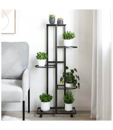 vidaXL 5-Floor Flower Stand with Wheels 44x23x100 cm Black Iron — Size: 45 x 23 x 100 cm