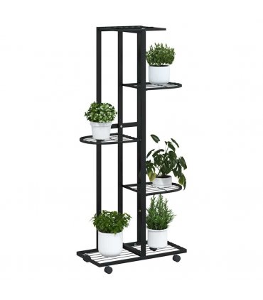 vidaXL 5-Floor Flower Stand with Wheels 44x23x100 cm Black Iron — Size: 45 x 23 x 100 cm