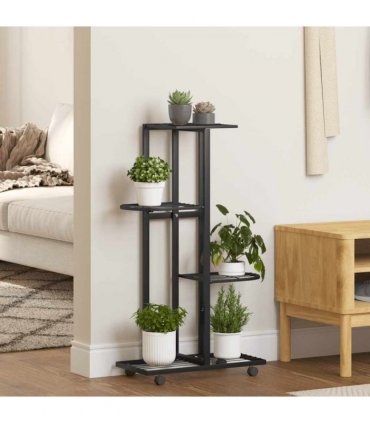 vidaXL 4-Floor Flower Stand with Wheels 44x23x80 cm Black Iron — Size: 44 x 23 x 80 cm