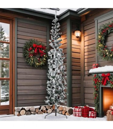 vidaXL Slim Artificial Half Christmas Tree with Flocked Snow 210 cm — Colour: white and green