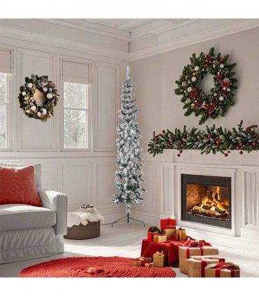 vidaXL Slim Artificial Half Christmas Tree with Flocked Snow 180 cm — Colour: white and green