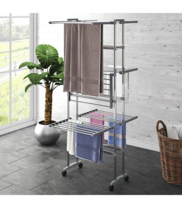vidaXL 3-Tier Laundry Drying Rack with Wheels Silver 60x70x129 cm — Size: 60 x 70 x 129 cm