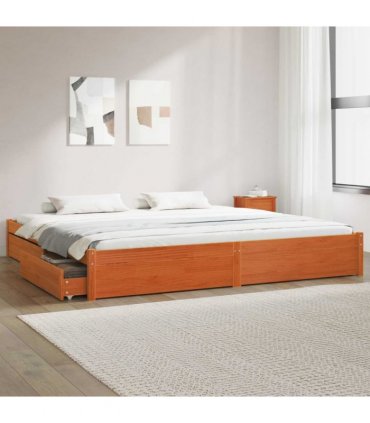vidaXL Bed Frame with Drawer Wax Brown 180 x 200 cm Solid Pine Wood