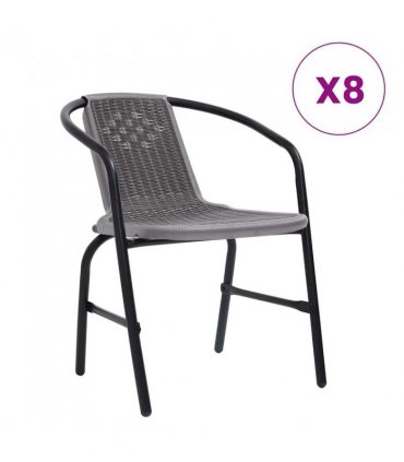vidaXL Garden Chair | Set of 8 | Black | Plastic rattan, steel | Stackable — Size: 62 x 55 x 74 cm