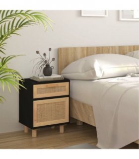 vidaXL Bedside Cabinet Black Solid Wood Pine and Natural Rattan