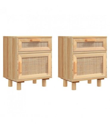 vidaXL Bedside Cabinets 2 pcs Brown Solid Wood Pine and Natural Rattan