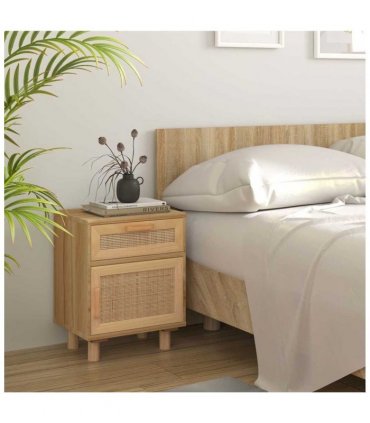 vidaXL Bedside Cabinets 2 pcs Brown Solid Wood Pine and Natural Rattan