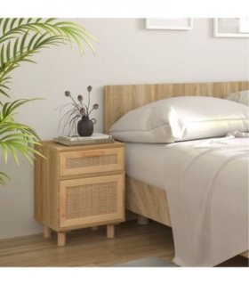 vidaXL Bedside Cabinet Brown Solid Wood Pine and Natural Rattan