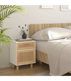 vidaXL Bedside Cabinet White Solid Wood Pine and Natural Rattan