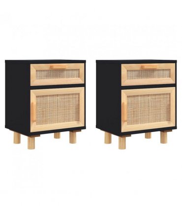 vidaXL Bedside Cabinets 2 pcs Black Solid Wood Pine and Natural Rattan