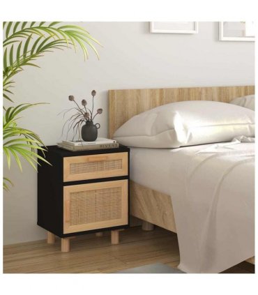 vidaXL Bedside Cabinets 2 pcs Black Solid Wood Pine and Natural Rattan