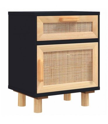 vidaXL Bedside Cabinets 2 pcs Black Solid Wood Pine and Natural Rattan