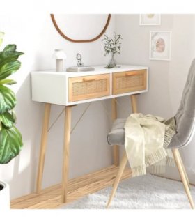 vidaXL Console Table White 80x30x75 cm Solid Wood Pine&Natural Rattan