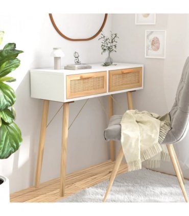 vidaXL Console Table White 80x30x75 cm Solid Wood Pine&Natural Rattan