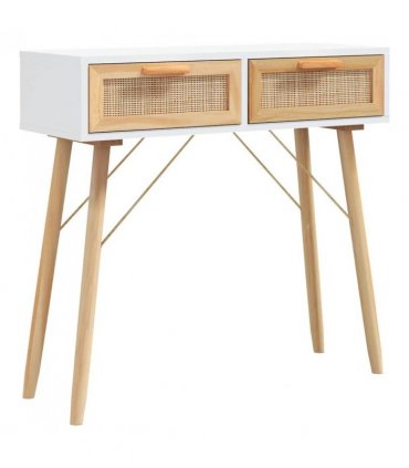 vidaXL Console Table White 80x30x75 cm Solid Wood Pine&Natural Rattan