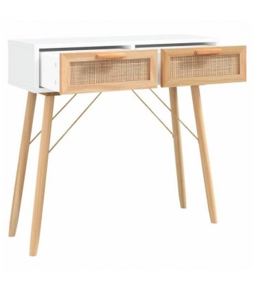 vidaXL Console Table White 80x30x75 cm Solid Wood Pine&Natural Rattan