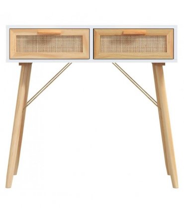 vidaXL Console Table White 80x30x75 cm Solid Wood Pine&Natural Rattan