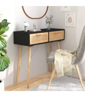 vidaXL Console Table Black 80x30x75 cm Solid Wood Pine&Natural Rattan