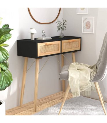 vidaXL Console Table Black 80x30x75 cm Solid Wood Pine&Natural Rattan