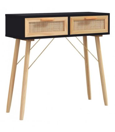 vidaXL Console Table Black 80x30x75 cm Solid Wood Pine&Natural Rattan