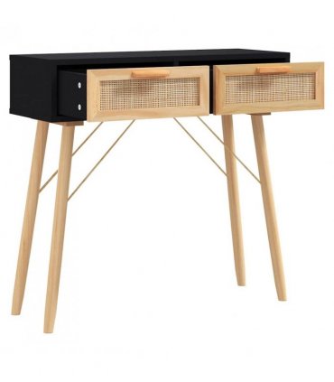 vidaXL Console Table Black 80x30x75 cm Solid Wood Pine&Natural Rattan