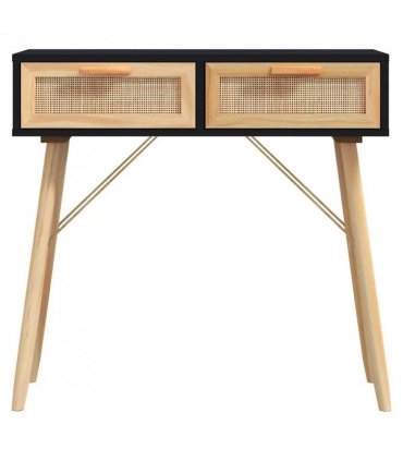 vidaXL Console Table Black 80x30x75 cm Solid Wood Pine&Natural Rattan