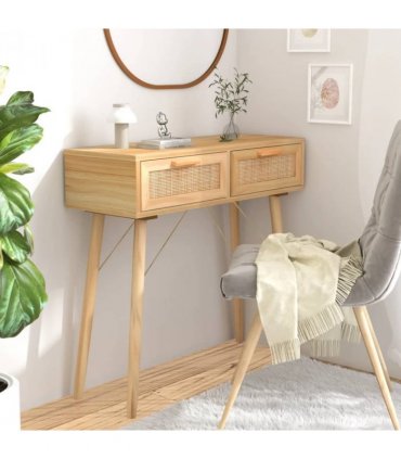 vidaXL Console Table Brown 80x30x75 cm Solid Wood Pine&Natural Rattan