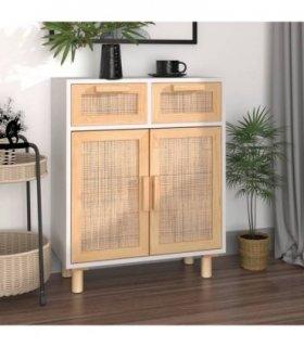 vidaXL Sideboard White 60x30x75 cm Solid Wood Pine and Natural Rattan