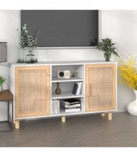 vidaXL Sideboard White 105x30x60 cm Solid Wood Pine and Natural Rattan