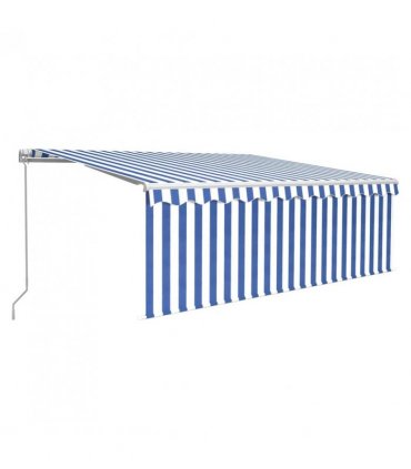 vidaXL Manual Retractable Awning with Blind 4x3m Blue&White — Colour: Blue and white, Size: 4 x 3 m