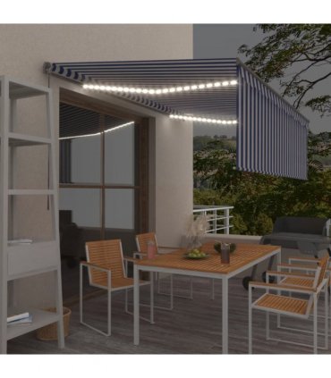 vidaXL Manual Retractable Awning with Blind&LED 4x3m Blue&White — Colour: Blue and white, Size: 4 x 3 m