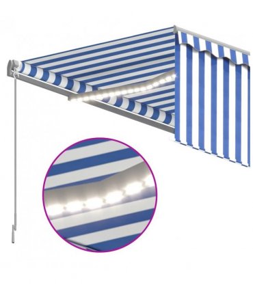 vidaXL Manual Retractable Awning with Blind&LED 4x3m Blue&White — Colour: Blue and white, Size: 4 x 3 m