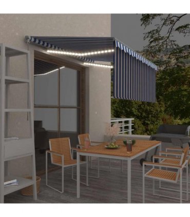 vidaXL Manual Retractable Awning with Blind&LED 3.5x2.5m Blue&White — Colour: Blue and white, Size: 3.5 x 2.5 m