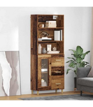 vidaXL Highboard Old Wood 69.5 x 34 x 180 cm Engineered Wood — Model: 1 glass door 3 drawers