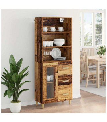 vidaXL Highboard Old Wood 69.5 x 34 x 180 cm Engineered Wood — Model: 1 glass door 3 drawers
