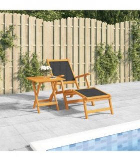 vidaXL Outdoor Deck Chair with Table Solid Wood Acacia and Textilene — Model: armchair + table