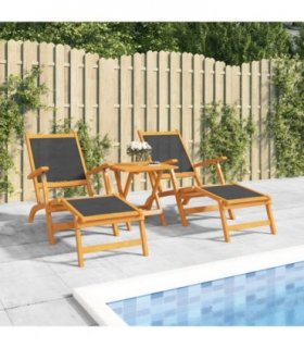 vidaXL Outdoor Deck Chairs with Table Solid Wood Acacia and Textilene — Model: 2x armchair + table