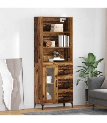 vidaXL Highboard Old Wood 69.5 x 34 x 180 cm Engineered Wood — Model: 1 glass door 3 drawers — V0671961155
