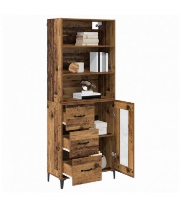 vidaXL Highboard Old Wood 69.5 x 34 x 180 cm Engineered Wood — Model: 1 glass door 3 drawers — V0671961155