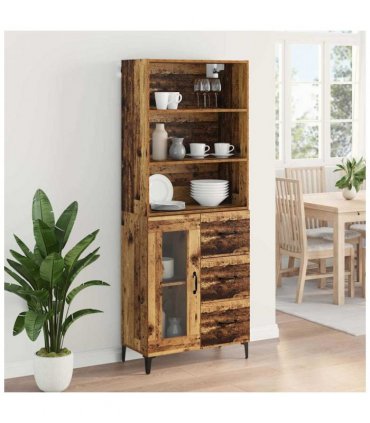 vidaXL Highboard Old Wood 69.5 x 34 x 180 cm Engineered Wood — Model: 1 glass door 3 drawers — V0671961155
