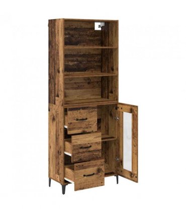 vidaXL Highboard Old Wood 69.5 x 34 x 180 cm Engineered Wood — Model: 1 glass door 3 drawers — V0671961155