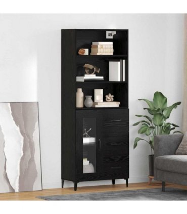 vidaXL Highboard Black Oak 69.5 x 34 x 180 cm Engineered Wood — Model: 1 glass door 3 drawers