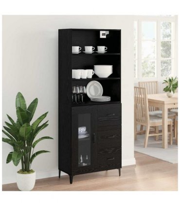 vidaXL Highboard Black Oak 69.5 x 34 x 180 cm Engineered Wood — Model: 1 glass door 3 drawers