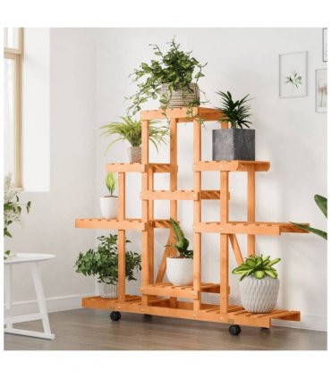 vidaXL Flower Stand with Wheels 110x25x101 cm Solid Wood Fir — Colour: light brown, Size: 110 x 25 x 101 cm