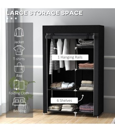 HOMCOM Fabric Wardrobe w/ Shelves Hanging Rail Foldable Wardrobe Black