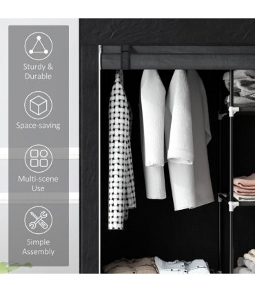 HOMCOM Fabric Wardrobe w/ Shelves Hanging Rail Foldable Wardrobe Black