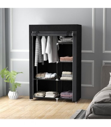 HOMCOM Fabric Wardrobe w/ Shelves Hanging Rail Foldable Wardrobe Black
