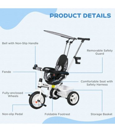 HOMCOM 6 in 1 Kids Tricycle w/ Removable Handle for 1.5 year, White