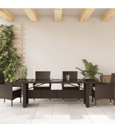 vidaXL Garden Table with Glass Top Brown 240x90x75 cm Poly Rattan — Size: 240 x 90 x 75 cm